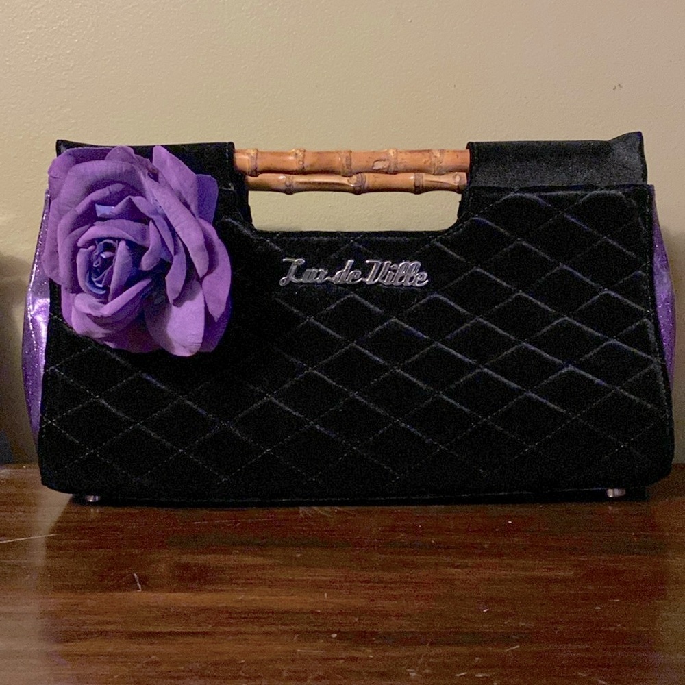 Lux de Ville Black and Purple Quilted Velvet & Bamboo Clutch